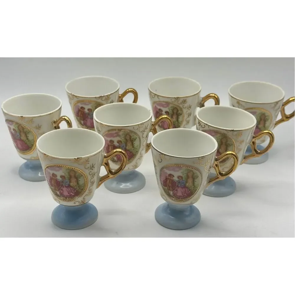 Vintage Japan Demitasse Cups Set of 8‎ Blue Gold Courting Couple Porcelain